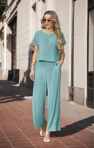 Lepunuo Two Piece Outfits for Women Summer Cozy Cap Sleeve Top and Loose Wide Leg Pants Sets Lounge Matching Set - Thumbnail 3