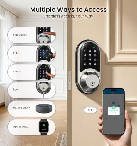 Veise RZ07 Fingerprint Smart Lock, 7-in-1 Smart Locks for Front Door, Keyless Entry Door Lock with App Control & Auto-Lock, Biometric Electronic Touchscreen Keypad Deadbolt, Satin Nickel - Thumbnail 2