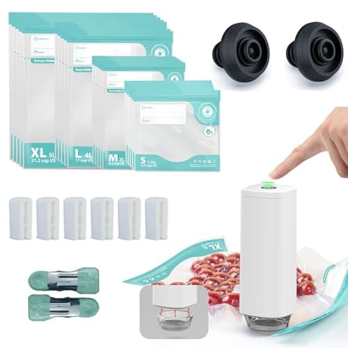 31 PCS Electric Vacuum Sealer, Sous Vide Bags, Portable Mini Vacuum Sealer with 20Pcs Reusable Food Saver Sealer Bags, 4 Sealing Clip, 2 Clips for Sous Vide Cooking, 2 vacuum wine stoppers - Image 1