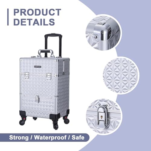 Rolling Makeup Case,Professional Cosmetology Case on Wheels,Large Cosmetic Organizer Train Case,Makeup Travel Case with Draws & Swivel wheels Nail Tech Salon Storage Traveling Cart Trunk,Silver - Thumbnail 5