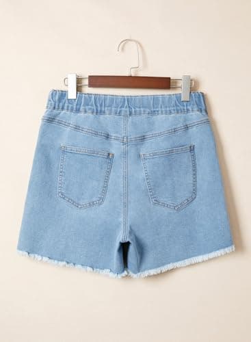 BLENCOT Maternity Jean Shorts Under Belly Pregnancy Trendy Casual Plus Size Frayed Hem Stretchy Shorts Denim Beau Blue L - Thumbnail 5