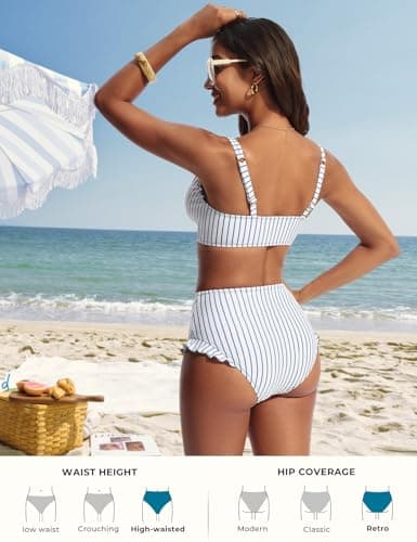 Hanna Nikole Womens Swim Suits High Waisted Bikini Sets Swimsuits Trendy Bathing Suits Gray Blue White Striped S - Thumbnail 4