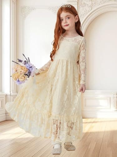 ALLOVIN Toddler & Girls Long Sleeve Lace Flower Girl Dress Maxi Boho A-Line Dress for Wedding Baptism 1st Communion | Light Yellow | 10-11Y - Thumbnail 3