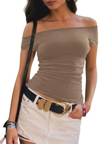 Imily Bela Womens Off The Shoulder Tops Short Sleeve Top Quick Dry T Shirts Trendy Y2k Going Out Crop Tops Slim Fit 2025 Light Brown - Image 1