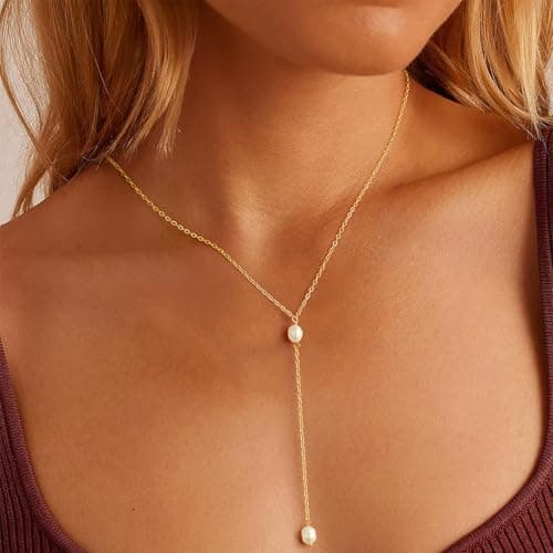 Fimhut Lariat Necklace for Women, 14k Gold Plated Y-Shaped Necklace Trendy Bar Pearl Chain Necklaces Simple Gold Jewelry for Women Gift.Christmas Stocking Stuffers,Valentines Day Gifts - Thumbnail 3