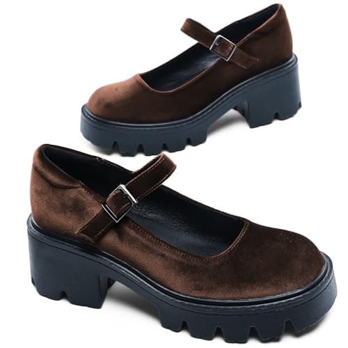 Elvora Women's Mary Jane Shoes - Platform Mary Janes for Women, Brown Velvet Round Toe Chunky Dress Shoes with Adjustable Ankle Strap - Thumbnail 4