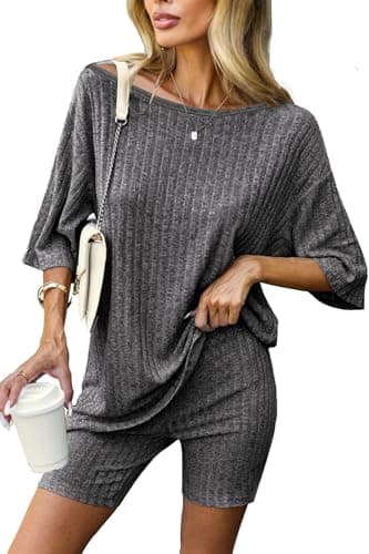 Molirex 2 Piece Pajama Set Women Summer Biker Short Sets Off Shoulder Ribbed Knit Loungewear Oversized T-Shirt Casual Tracksuits Grey Small - Image 1