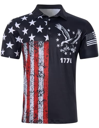 Seadodo Golf Shirts for Men Short Sleeve Dry Fit Moisture Wicking Performance Print Polo Shirt for Tennis Hiking Camping American Flag XXXL