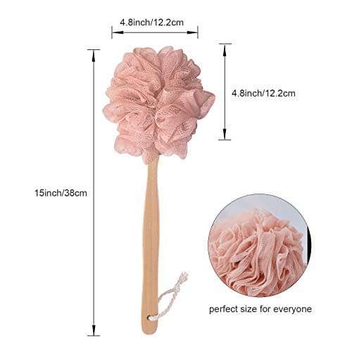 RASDDER Pink Loofah with Handle - Cute Back Scrubber & Exfoliating Shower Sponge, Soft Mesh Luffa on Wooden Stick, Bath Brush for Women and Girls - Thumbnail 2