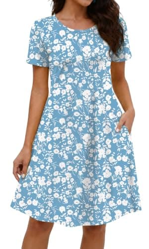 COSSEN Women's Summer 2026 Casual Tshirt Dress Blue Print Small Crew Neck Short Sleeve with Pockets Flowy Loose Swing A-Line Sundress - Image 1