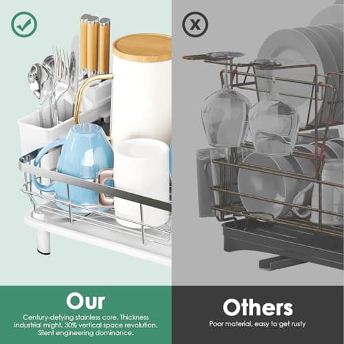 MOUKABAL Dish Drying Rack, Dish Rack, Stainless Steel Dish Racks for Kitchen Counter, Dish Drainer with Removable Utensil Holder, Drainboard (White,Stainless Steel,13''W x 17''L) - Thumbnail 5