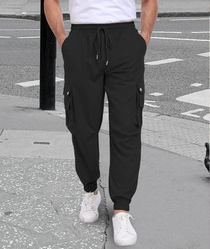 DISLANBO Men's Casual Pants Drawstring Hiking Pants Workout Tactical Joggers Sweatpants for Men Black - Thumbnail 3