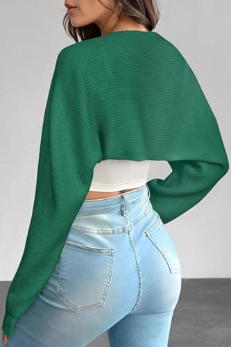 Arach&Cloz 2026 Spring Women's Bolero Shrug Fashion Ribbed Knit Cropped Cardigans Long Sleeves Drop Shoulder Open Front Wool Trendy Sweaters Summer Lightweight Casual Outfits Y2K Clothes Green XL - Thumbnail 4