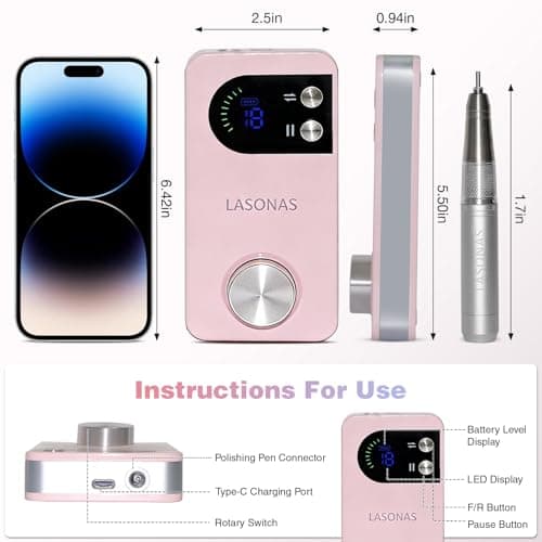 Electric Nail Drill Machine Professional, 40000 RPM Cordless Nail File Low Noise, Portable Rechargeable Nail Drill with Bits Kit for Acrylic Gel Nails Manicure & Removal - Thumbnail 2