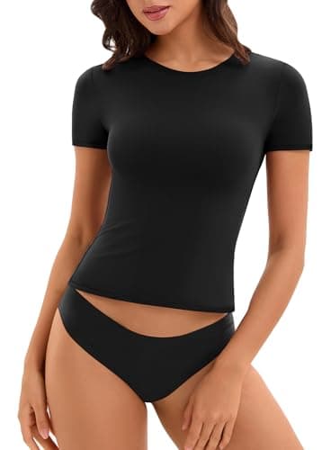 Basic Tops Shirts for Women Double Line Fitted Y2k Crop Top Shirts Spring Summer Trendy Tight 2025 Going Out Casual Teeshirt Crew Neck Short Sleeve Sexy Club Clothes Outfits Beach Fashion(Black,L) - Image 1