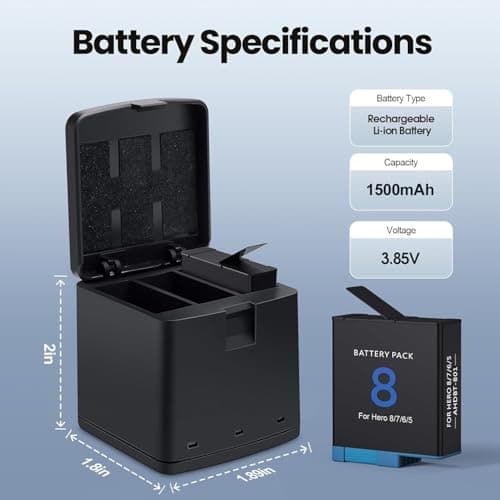 2 Packs 1500mAh Batteries for GoPro Hero 8 with 3 Channel Battery Charging case Compatible with GoPro Hero 8, 7, 6, 5 Black Camera - Thumbnail 2