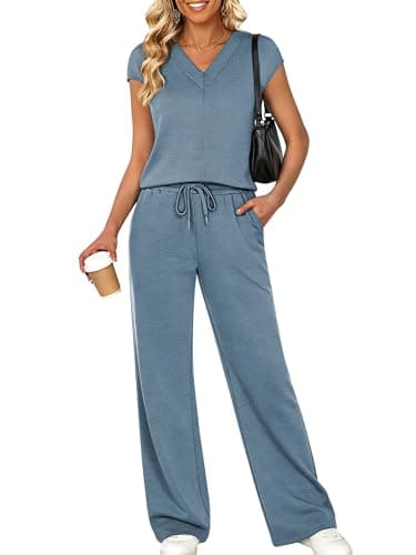 Casly Lamiit Womens 2 Piece Outfits Casual Lounge Set V Neck Short Sleeve Top Wide Leg Pants Sets Summer Airport Travel Vacation Clothes Blue Grey XS - Image 1