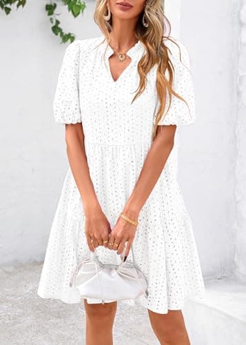 KIRUNDO Eyelet Summer Dresses for Women 2026 Mini Casual Hollow Out Short Sleeve Lace Tiered V Neck Shift Dress Pockets(White, Large) - Thumbnail 3