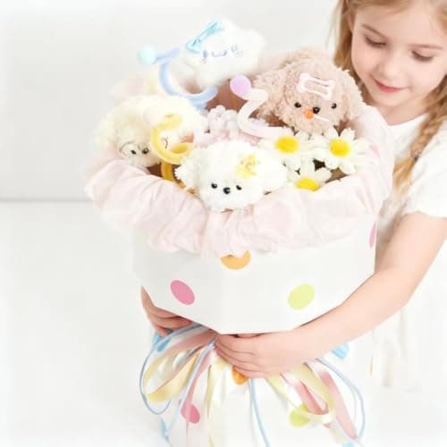 FLOLVISOU Crochet Flower Bouquet Valentine Plush Dog Toy - Handmade Knitted Flower Bouquet Gifts,Valentine's Day Birthday Gifts for Women,Girls,Kids, DIY Home Decor,Pink White Flowers Arrangement - Thumbnail 3