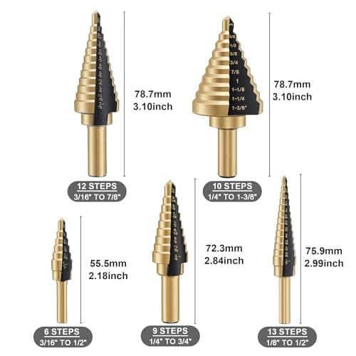 OSTTE Step Drill Bit Set 5PCS, 50 Sizes HSS Titanium Coated Step Bits for Metal Stainless Steel Aluminum Iron Wood Plastic, with Aluminum Case - Thumbnail 2