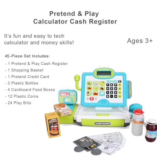 FS Pretend Play Calculator Cash Register Toy as Preschool Gift for Kids, Classic Count Toy with Sound, Microphone, Scanner, Pretend Credit Card, Play Food for Boys & Girls,45 Pieces, Ages 3 4 5 6 7 - Thumbnail 6