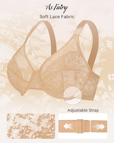 As Fairy Womens Minimizer Unlined Lace Bra 1mm Ultra Thin Sheer Breathable Full Coverage Underwire Plus Size Bras(Warm Beige 36D) - Thumbnail 6