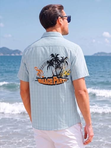 Havana Breeze Mens Hawaiian Shirt Short Sleeve Plaid Beach Shirts Casual Relaxed-Fit Print Camp Shirts Light Blue L - Thumbnail 3