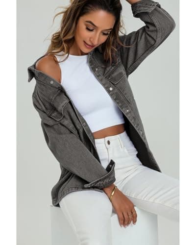luvamia Womens Shacket Jacket Jeans Jacket For Women Fashion Gray Jean Outfits For Womens 2025 Oversized Button Down Shirts Fall Jackets For Womens Button Down Shirt Size XX-Large Size 20 22 - Thumbnail 2
