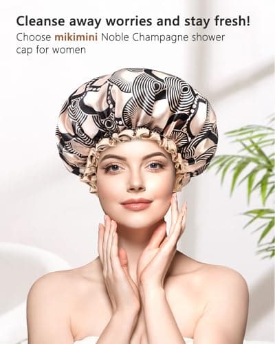 mikimini Large Shower Cap for Women Long Hair, Champagne Shower Caps with Lace, Double Layer Waterproof, Reusable, Washable, High-quality - Thumbnail 5