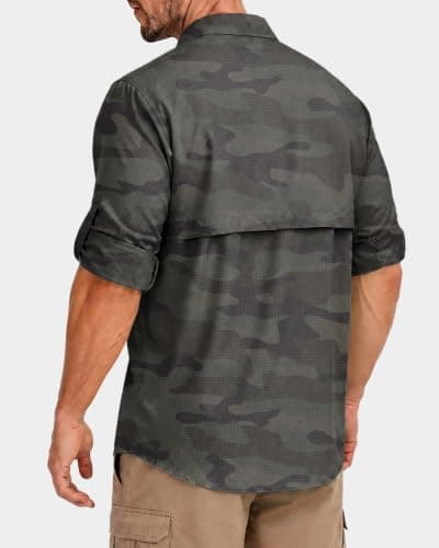Men's Sun Protection Fishing Shirt UPF 50+ Long Sleeve Safari Hiking Travel Shirts with Pockets Quick Dry(Green Camo Medium) - Thumbnail 3