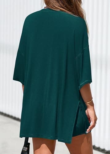 KIRUNDO 2 Piece Sets for Women Summer Lounge Sets Casual Oversized Tshirts Shorts Matching Airport Travel Outfits Postpartum(Peacock Green, X-Large) - Thumbnail 2