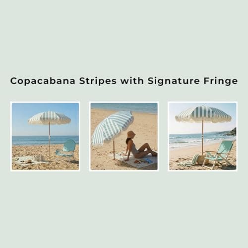 DEER LAND 6FT Stripe Fringe Beach Umbrella for Sand with Sand Anchor, UPF 50+ Sun Shade with Tassels, Adjustable Tilt Pole, Portable Coastal Umbrella for Beach & Pool, Heritage Ocean Cypress Stripe - Thumbnail 5