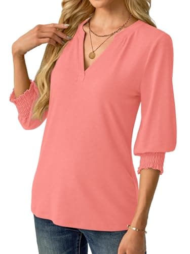 GKBK Womens 3/4 Sleeve Shirts V Neck Dressy Casual Spring Summer Blouses with Smocked Cuffs - Thumbnail 2