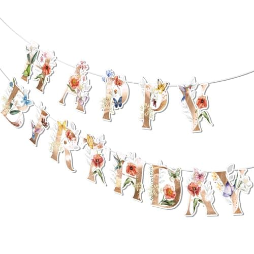Flower Happy Birthday Banner, Vintage Wildflower Birthday Happy Birthday Sign Spring Flower Butterfly Party Decor Boho Hanging Decorations for Women - Image 1