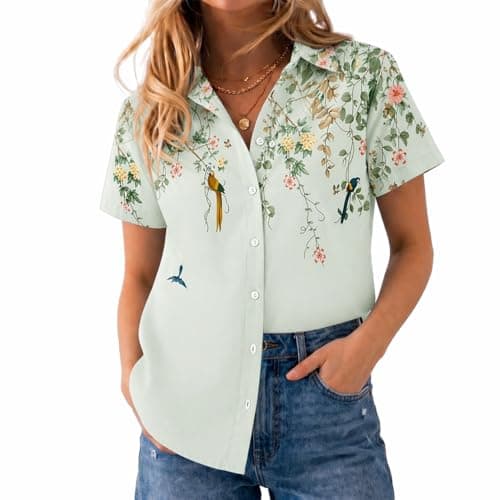 Chicwave Women's Short Sleeve Button Down Shirt, Collared V Neck Floral Print Blouse, Lightweight Casual Work Top for Travel, Vacation, Daily Wear, Light Green - Thumbnail 2