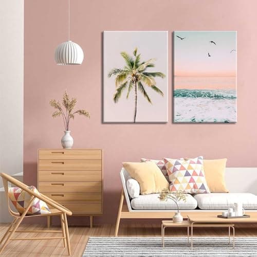 2Pcs Framed Pastel Beach Wall Art Tropical Palm Tree Canvas Posters Prints Coastal Ocean Wall Decor Pictures Summer Beach Theme Bedroom Living Room Decoration, 12x16 Inch - Thumbnail 4