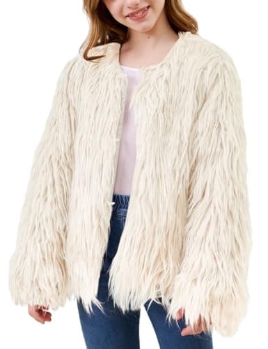 Yimoon Girls Faux Fur Coat Open Front Furry Coats Long Sleeve Parka Shaggy Jacket Winter Warm Fluffy Outerwear 4-12 Years(White,160) - Image 1
