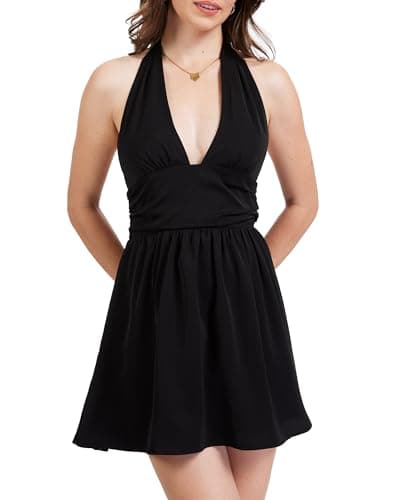 Stylavent Halter Mini Dress for Women - Deep V Backless Chiffon Flowy Graduation Party Dress, Wedding Guest, Bachelorette, Cocktail, Summer Date Night Black - Image 1