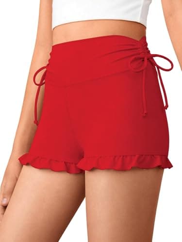 AMAWMW Girls Athletic High Waisted Ruffle Shorts Yoga Dance Cheer Shorts Teen Gymnastics Workout Shorts Red 15-16Y - Image 1