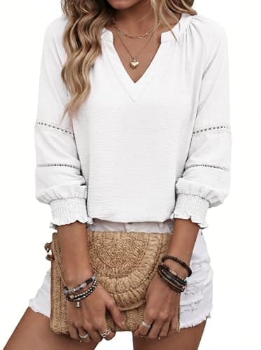 Dokotoo Women's Tops Ladies Business Casual Outifits Basic Pleated Tops 3/4 Sleeve Blouses for Women Dressy 2026 V Neck Loose Fit Office Shirts White Small - Image 1