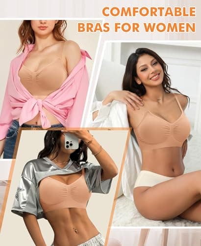 Wireless Sewn in Padded Bras for Women No Underwire T Shirt Bralettes Full Coverage Comfortable Everyday Bra(#01 Latte(Padded),Large) - Thumbnail 2