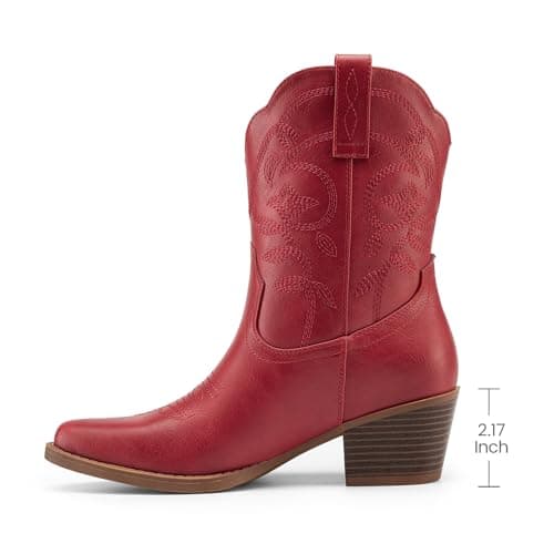 Athlefit Women's Cowboy Cowgirl Ankle Boots Square Toe Low Chunky Heel Embroidery Western Short Booties for Country Concerts Red Size 11, AD00764 - Thumbnail 4