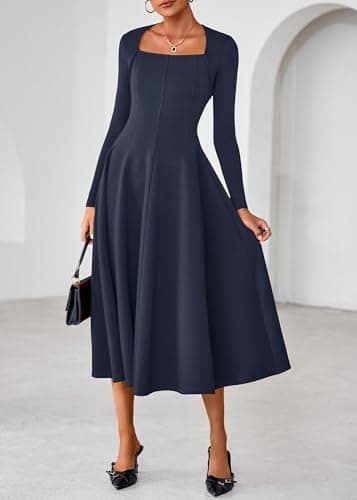 Lazysmile Long Sleeve Fall Dresses for Women Square Neck A Line Flowy Casual Elegant Wedding Guest Party Maxi Dress Navy - Thumbnail 3
