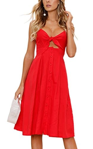 ECOWISH Women 2024 Summer Dresses Tie Front V-Neck Spaghetti Strap Button Down A-Line Backless Swing Midi Dress 572 Red M - Image 1