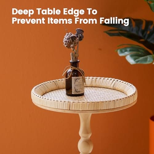 HuiDao Drink Table，Rattan Round Small Side Table for Small Spaces, Boho Circle End Table Coffee Table with Solid Wood Leg for Living Room, Pedestal Table for Bedroom, Corners - Thumbnail 6