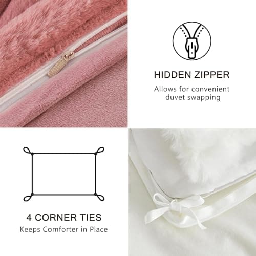 EMME Faux Fur Duvet Cover King Size, 3 Pieces Ultra Soft Fluffy Comforter Cover, Cozy Warm for Winter, Luxury Elegant Shaggy Striped Design Bedding, 1 Duvet Cover & 2 Pillow Shams (King, Old Pink) - Thumbnail 6