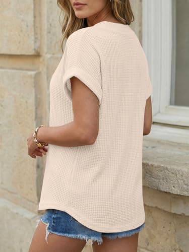AUTOMET Womens Waffle Knit Henley Tops, V Neck Cuffed Short Sleeve Loose Flattering Shirts for Casual Office Daily Wear 2026 Apricot XL - Thumbnail 4