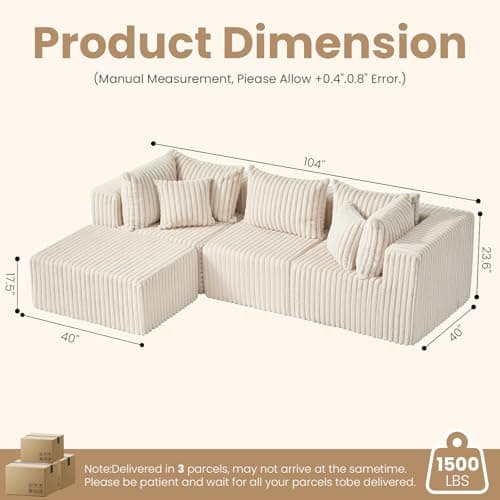 PATAVOT 104 Inch Cloud Couch Sectional,Corduroy Boneless Couches for Living Room,L-Shaped Modular Sectional Sofa with Removable Ottoman and Deep Seat,No Assembly Required,Beige - Thumbnail 2