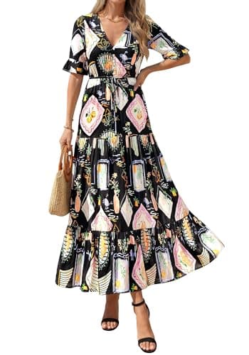 BTFBM Womens Summer Dresses 2026 Spring Casual Short Sleeve v Neck Boho Floral Flowy A-Line Tiered Maxi Dress Pockets(Floral Black Multi, X-Large) - Thumbnail 5