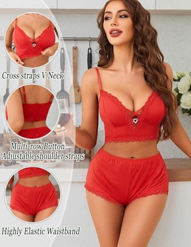Avidlove Plus Size Lounge Set Womens Pj Set Lace Cami Top Womens Sets 2 Piece Outfits Lingerie Sleepwear Red XXL - Thumbnail 4